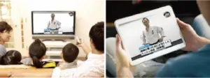 親子でリビングのテレビでオンライン教室の動画を視聴/タブレットでオンライン教室の動画の視聴